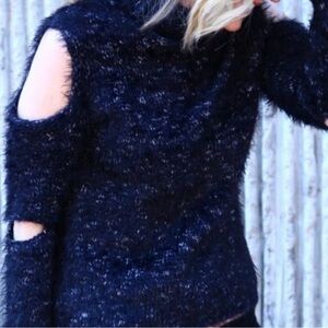 Jonathan Simkhai Black Fuzzy Turtleneck Shoulder Cutout Sweater Size M pre-owned